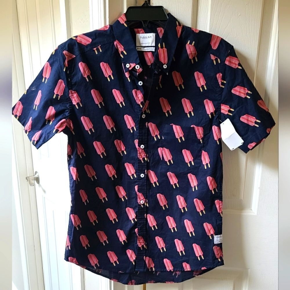 Public Art Shirt Navy Blue Popsicle Print Short Sleeve 100% Cotton NEW Small